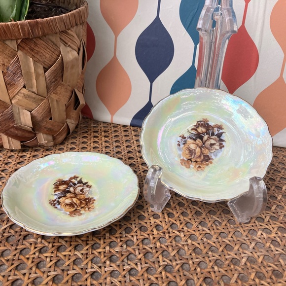 Yellow-Gold Lusterware Tea Porcelain Saucer Set of Two w/Brown Roses - Picture 2 of 10